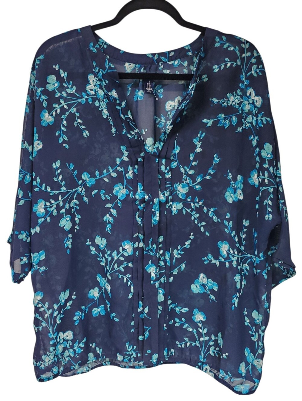 Office Siren Business Casual Blue Floral Blouse Size XL Button Down Button Tab
